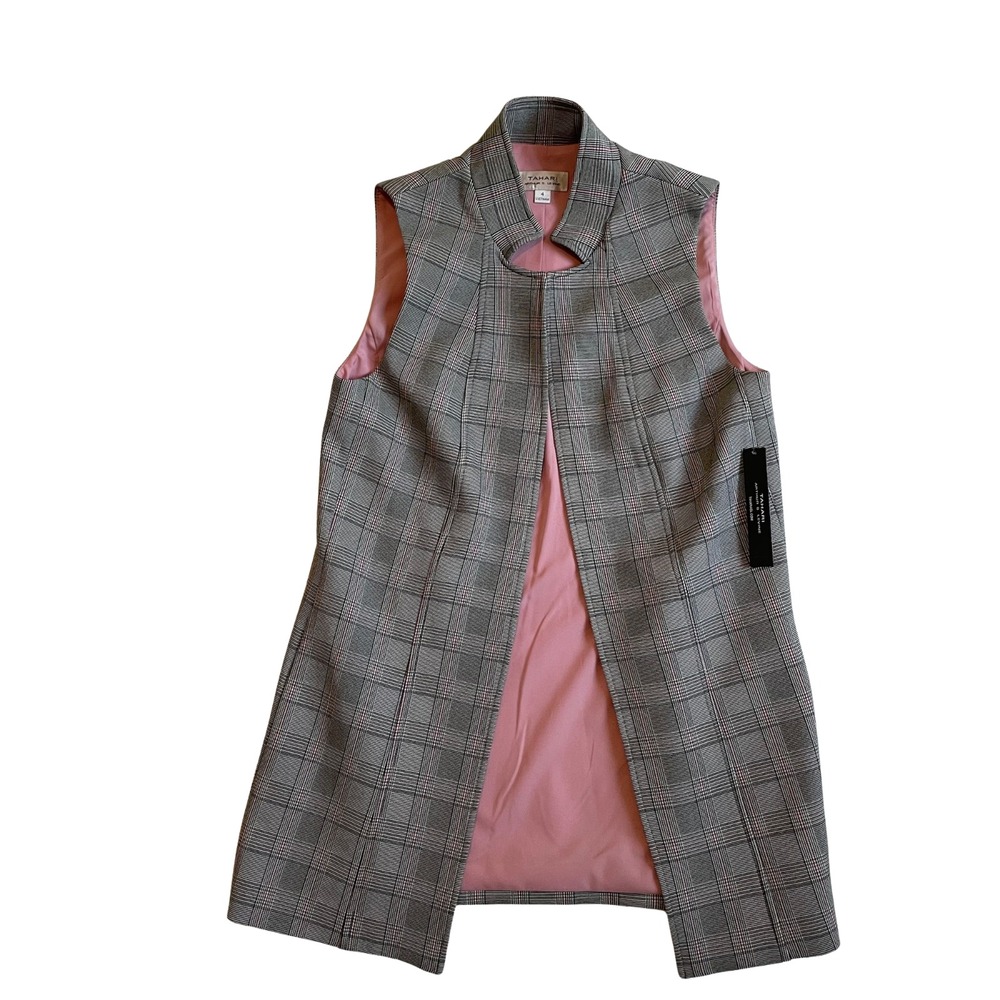 Tahari Arthur S Levine Pink Multi Plaid Longline Vest Pockets 4 TSMU9WJ151